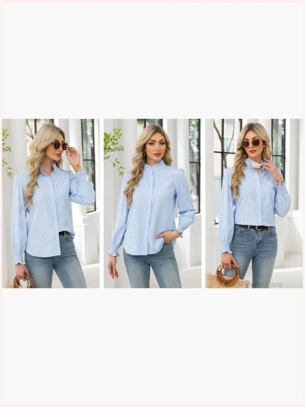 Striped Button Down Blouse Long Sleeve Smocked Cuffed Ruffle Collar Work Shirt - Picture 7 of 7